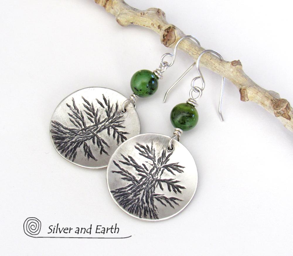 Sterling Silver Tree Earrings with Green Jade - Tree of Life Nature Jewelry