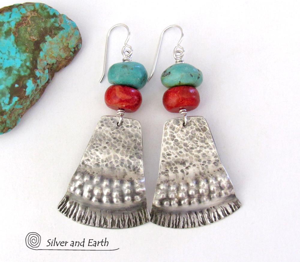 Sterling Silver Earrings with Turquoise Red Coral - Modern Southwestern Jewelry