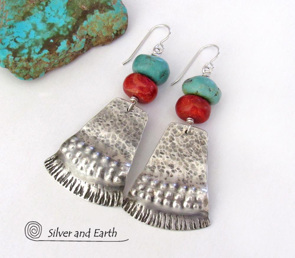 Sterling Silver Earrings with Turquoise Red Coral - Modern Southwestern Jewelry