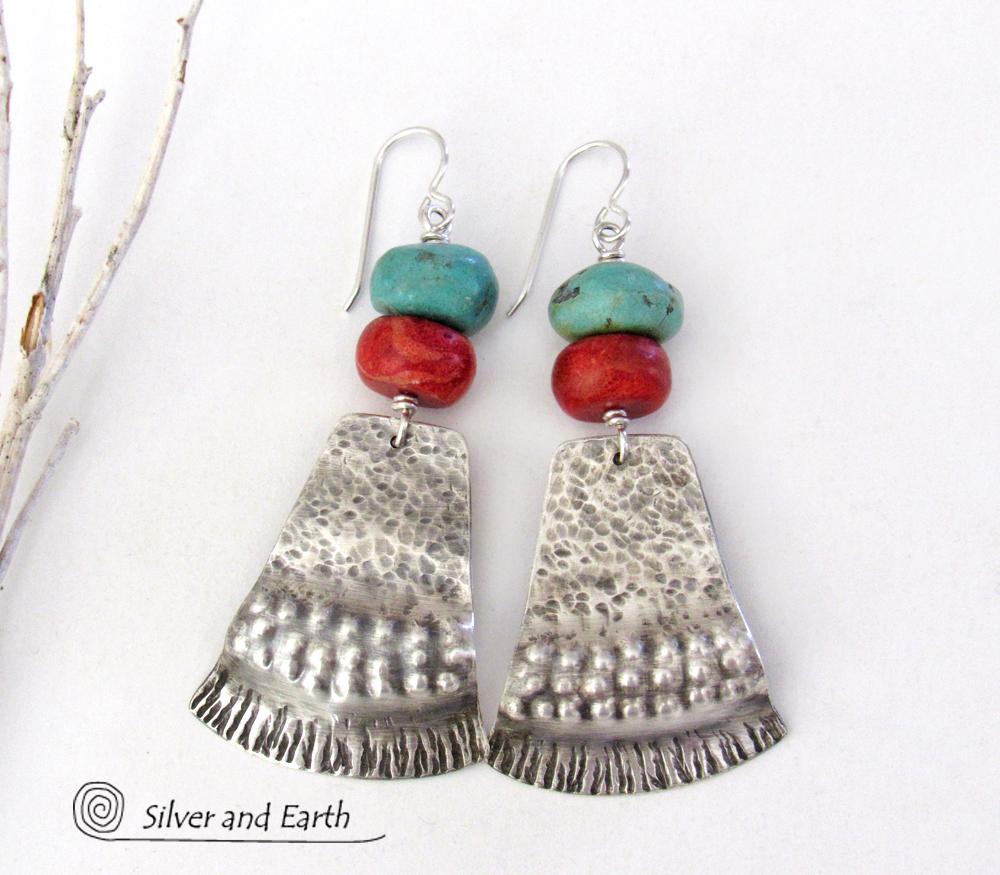 Sterling Silver Earrings with Turquoise Red Coral - Modern Southwestern Jewelry