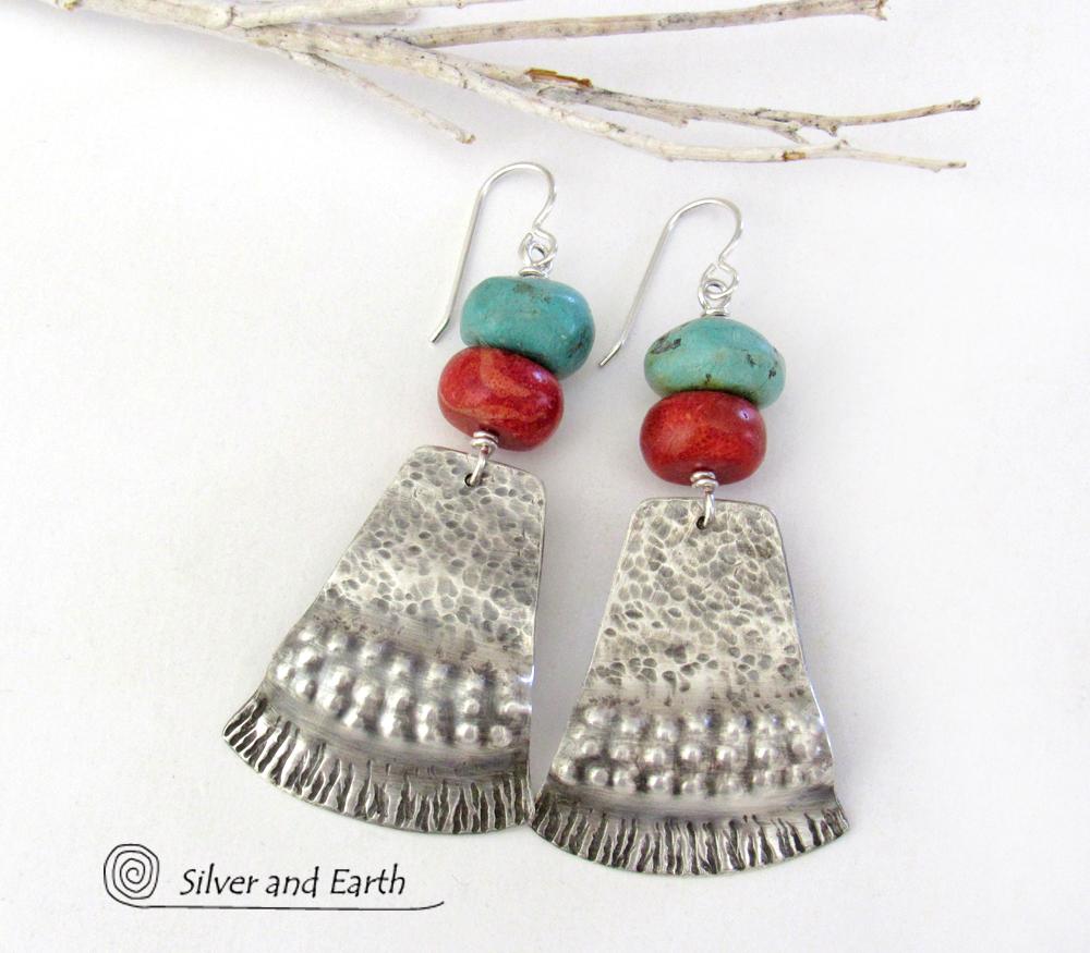 Sterling Silver Earrings with Turquoise Red Coral - Modern Southwestern Jewelry