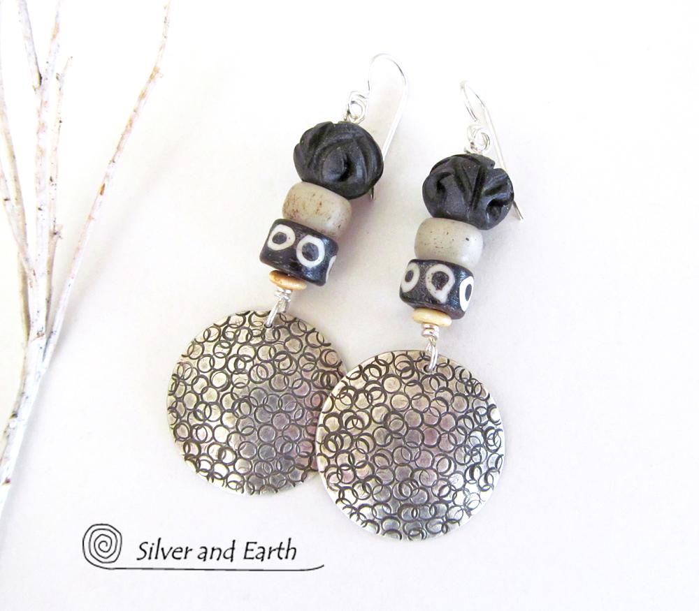 Sterling Silver Earrings with African Beads - Ethnic Boho Tribal Jewelry