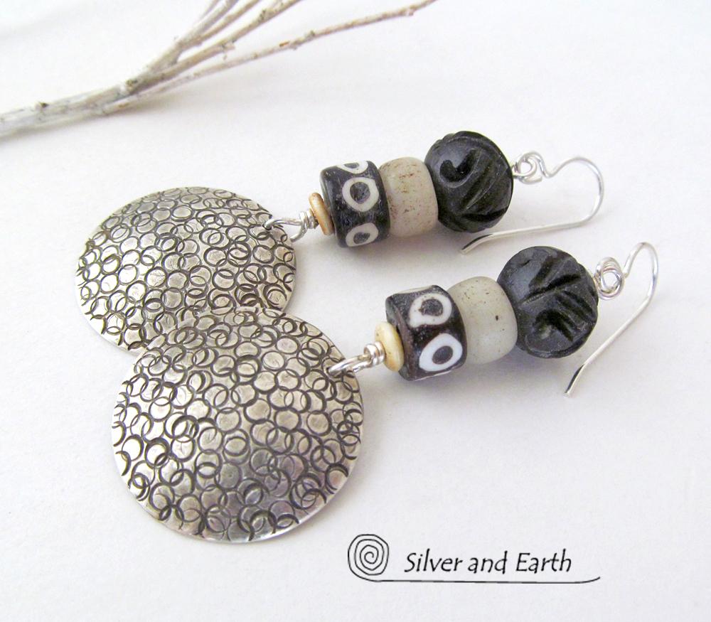 Sterling Silver Earrings with African Beads - Ethnic Boho Tribal Jewelry