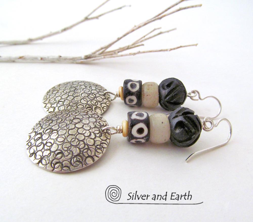 Sterling Silver Earrings with African Beads - Ethnic Boho Tribal Jewelry