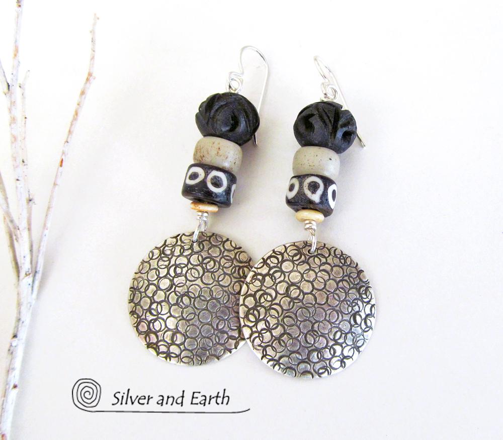 Sterling Silver Earrings with African Beads - Ethnic Boho Tribal Jewelry