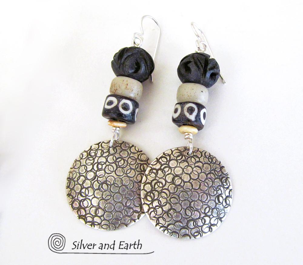 Sterling Silver Earrings with African Beads - Ethnic Boho Tribal Jewelry