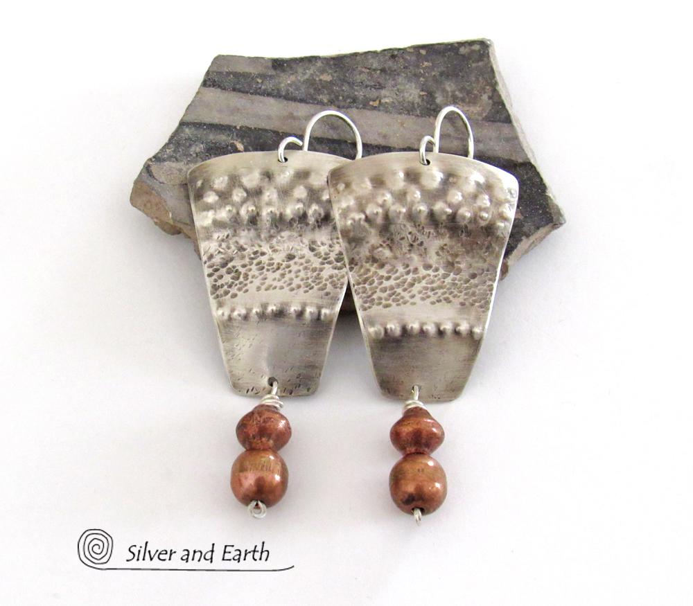 Sterling Silver Tribal Earrings with Copper Beads - Bold Unique Artisan Jewelry