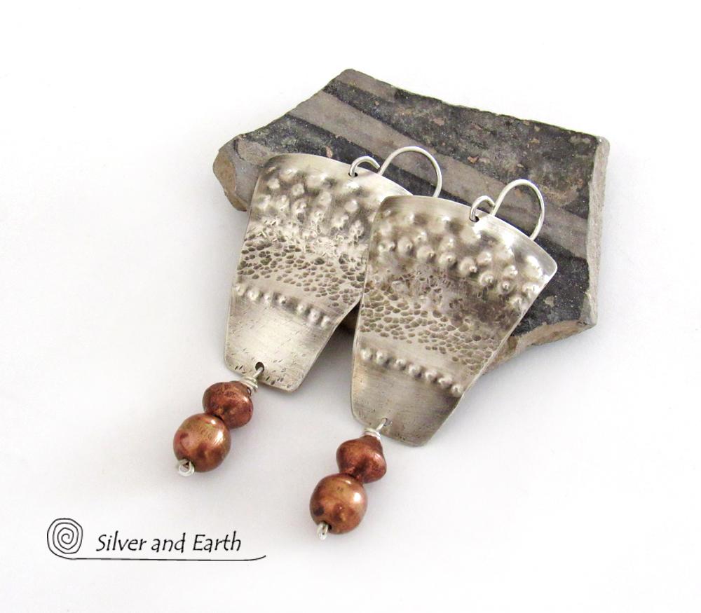 Sterling Silver Tribal Earrings with Copper Beads - Bold Unique Artisan Jewelry