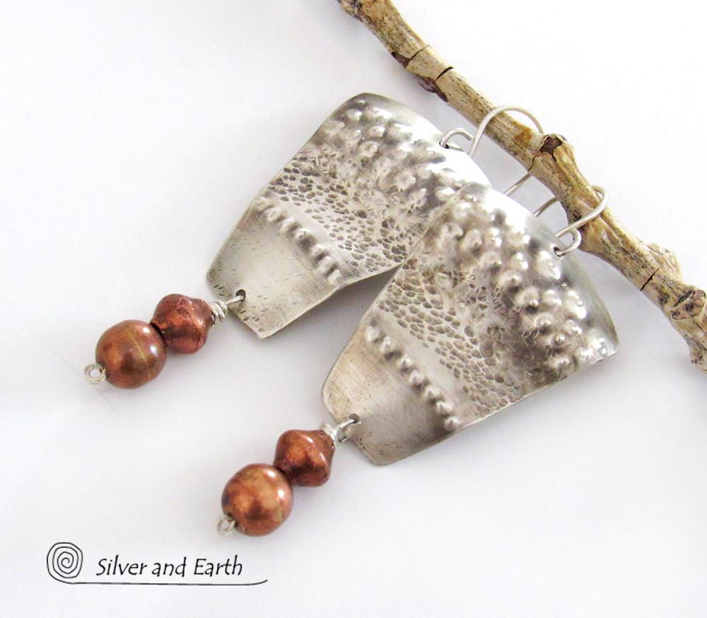 Sterling Silver Tribal Earrings with Copper Beads - Bold Unique Artisan Jewelry