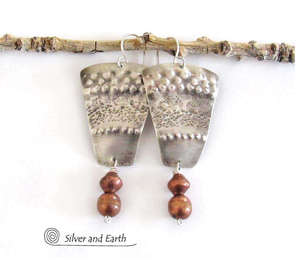 Sterling Silver Tribal Earrings with Copper Beads - Bold Unique Artisan Jewelry