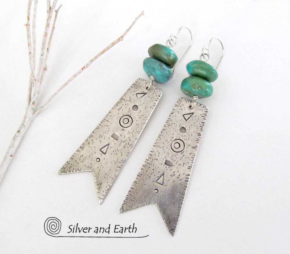 Sterling Silver Tribal Earrings with Natural Turquoise Stones