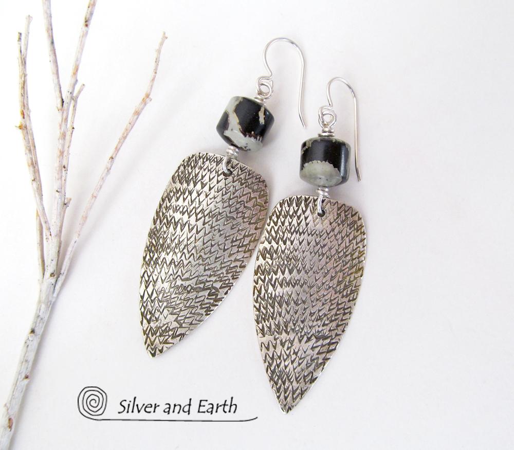 Sterling Silver Tribal Spear Earrings with Paintbrush Jasper Stones