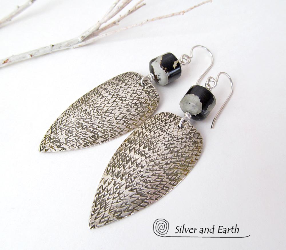 Sterling Silver Tribal Spear Earrings with Paintbrush Jasper Stones