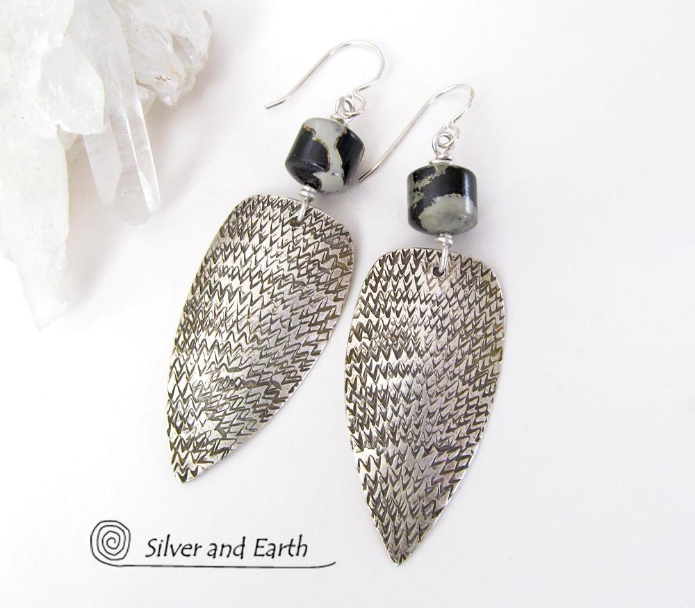 Sterling Silver Tribal Spear Earrings with Paintbrush Jasper Stones