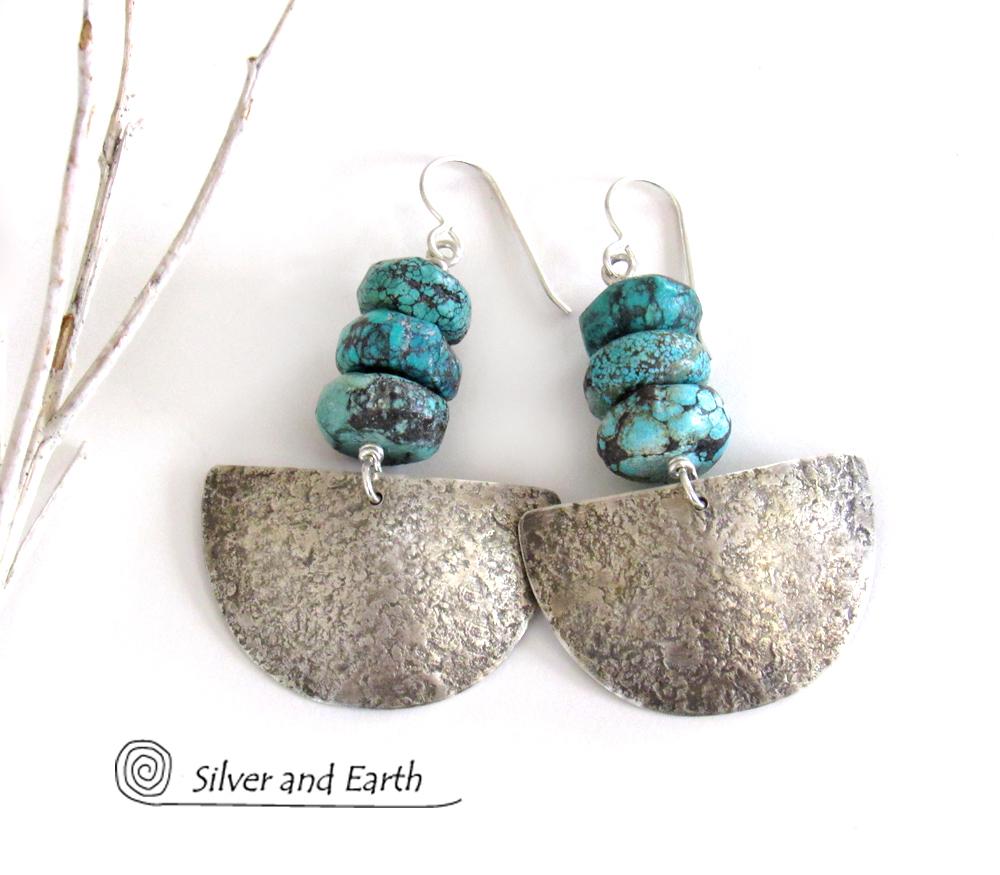 Sterling Silver Half Moon Earrings with Turquoise - Bold Earthy Silver Jewelry