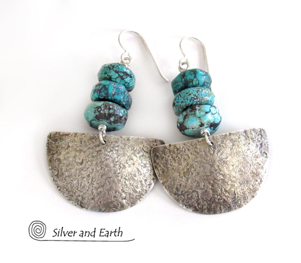 Sterling Silver Half Moon Earrings with Turquoise - Bold Earthy Silver Jewelry