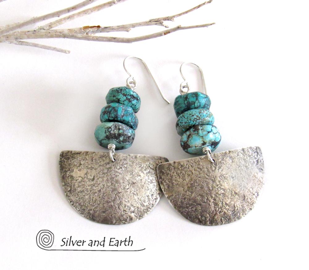 Sterling Silver Half Moon Earrings with Turquoise - Bold Earthy Silver Jewelry