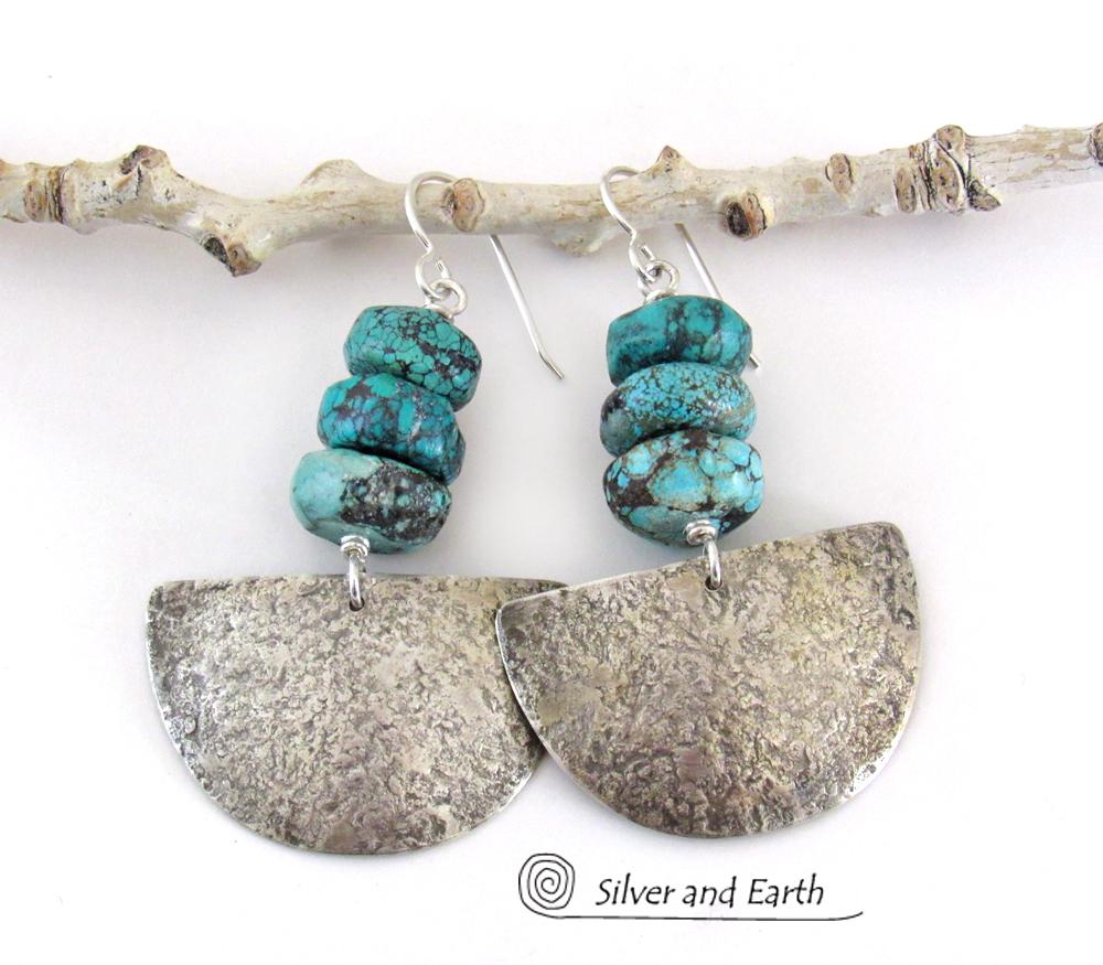 Sterling Silver Half Moon Earrings with Turquoise - Bold Earthy Silver Jewelry