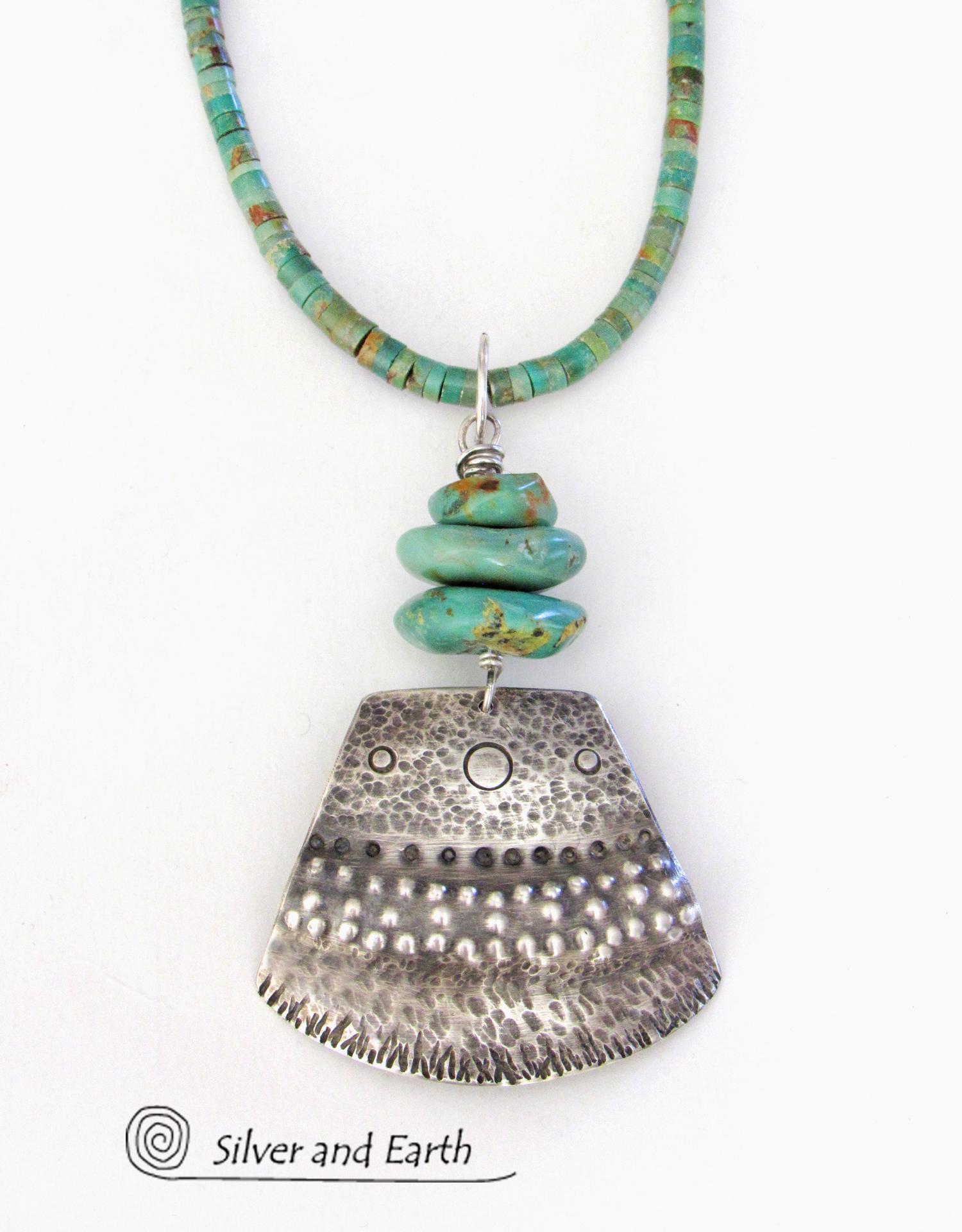 Bold Unique Sterling Silver & Turquoise Necklace - Tribal Southwestern Jewelry