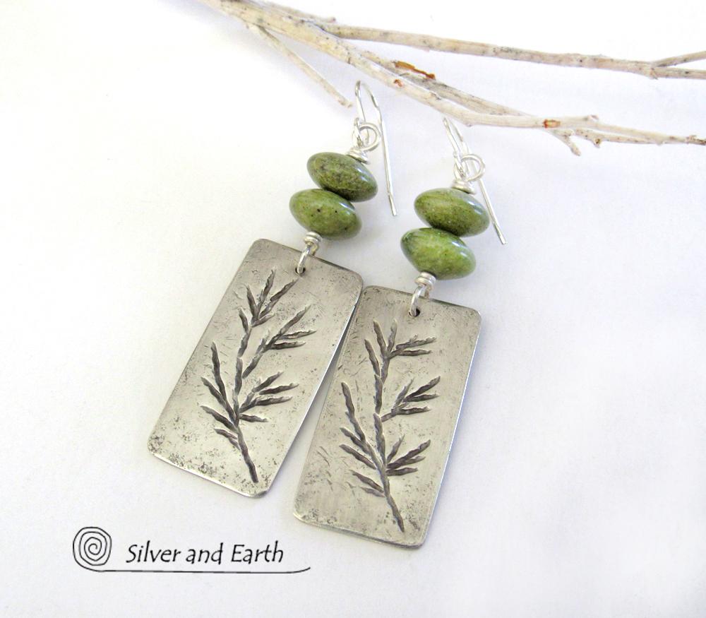 Sterling Silver Earrings with Twig Design & Green Serpentine - Nature Jewelry