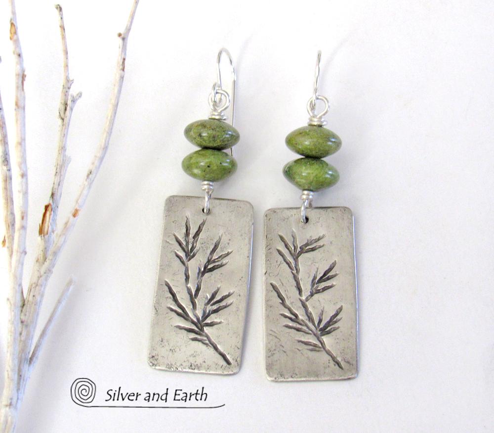 Sterling Silver Earrings with Twig Design & Green Serpentine - Nature Jewelry