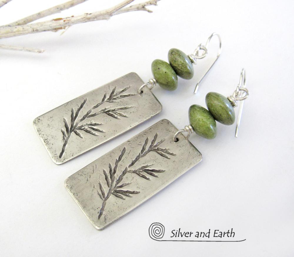 Sterling Silver Earrings with Twig Design & Green Serpentine - Nature Jewelry