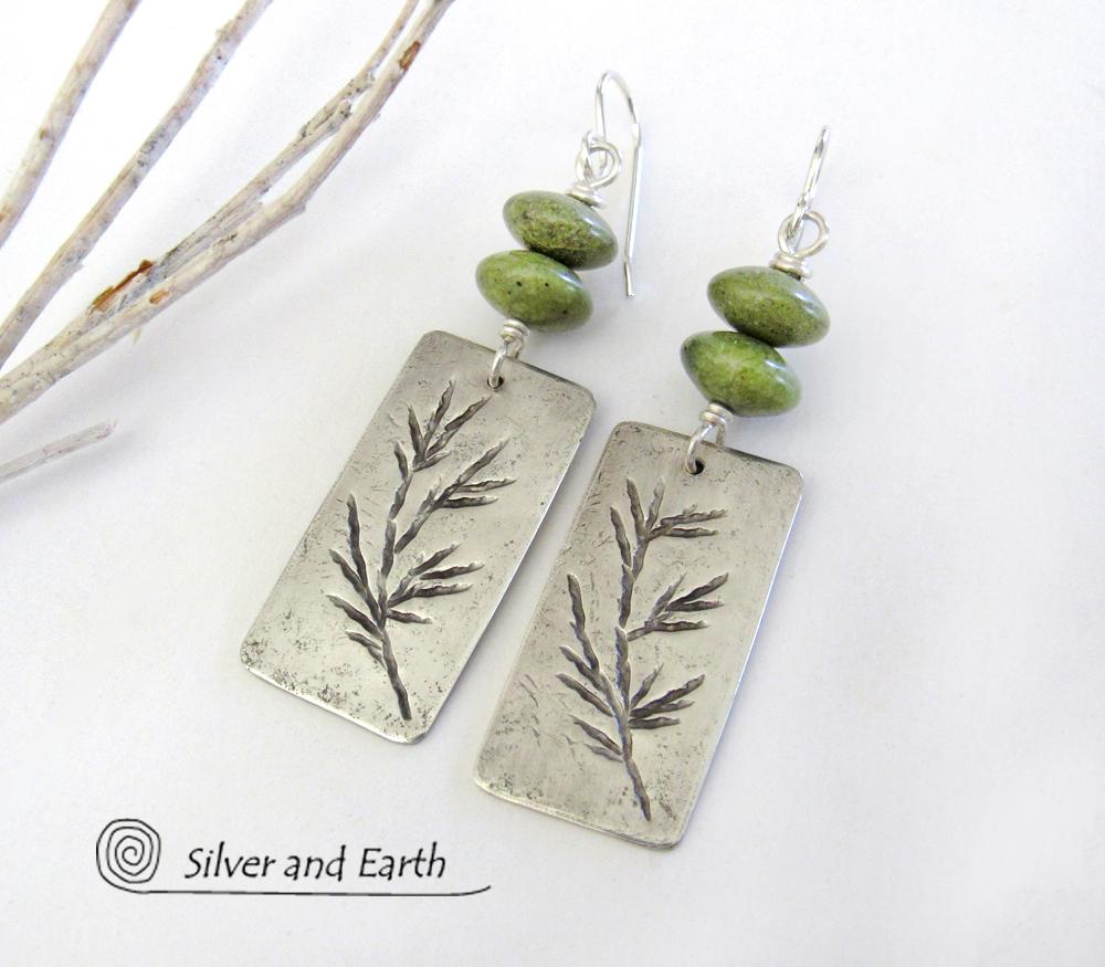 Sterling Silver Earrings with Twig Design & Green Serpentine - Nature Jewelry