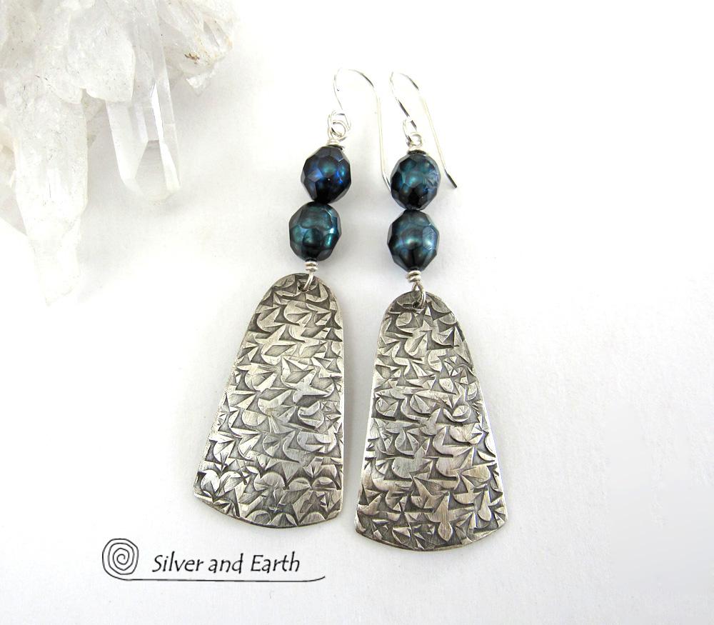 Sterling Silver Earrings with Faceted Teal Blue Pearls - Modern Silver Jewelry