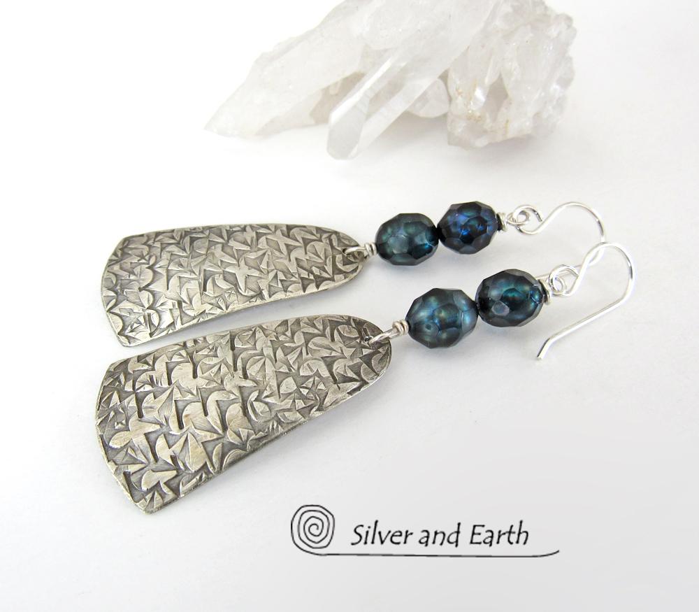 Sterling Silver Earrings with Faceted Teal Blue Pearls - Modern Silver Jewelry