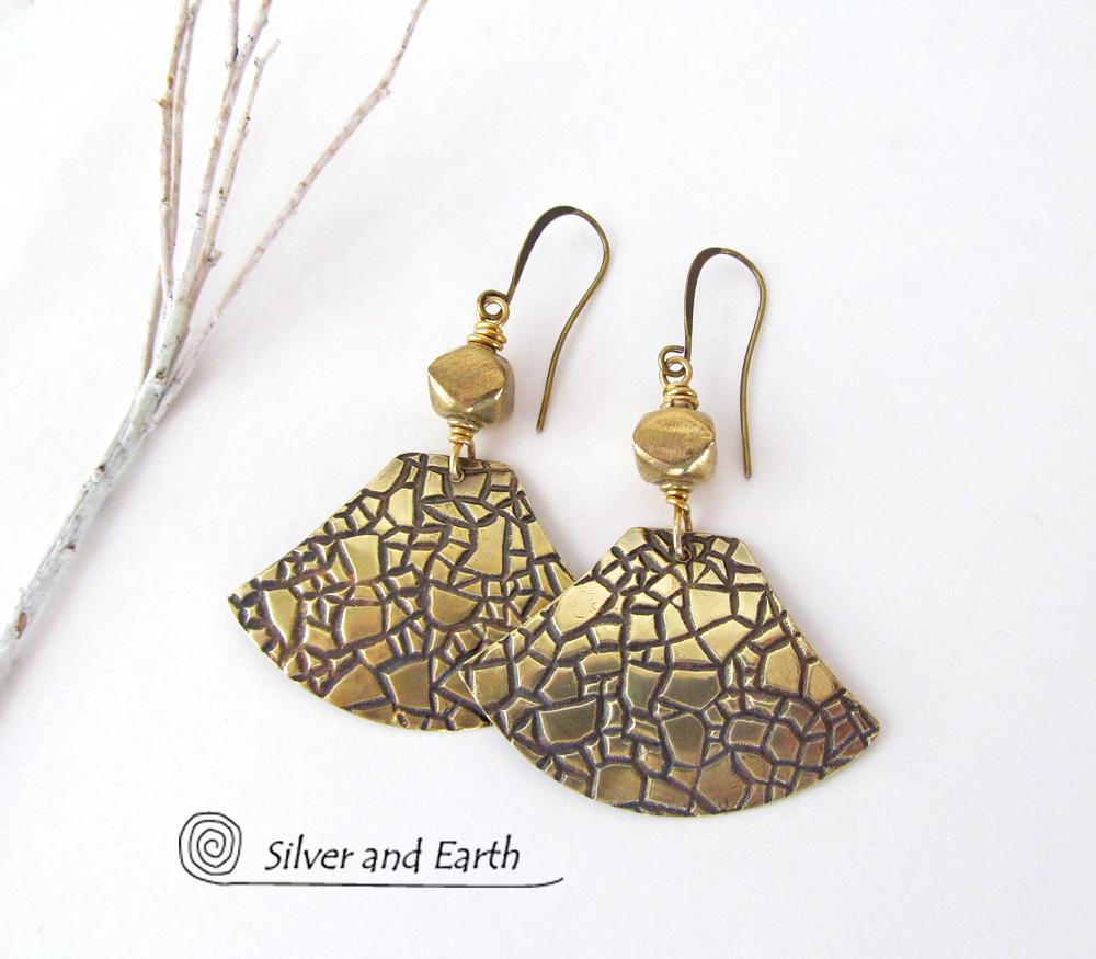 Textured Gold Brass Dangle Earrings - Artisan Handmade Metal Jewelry