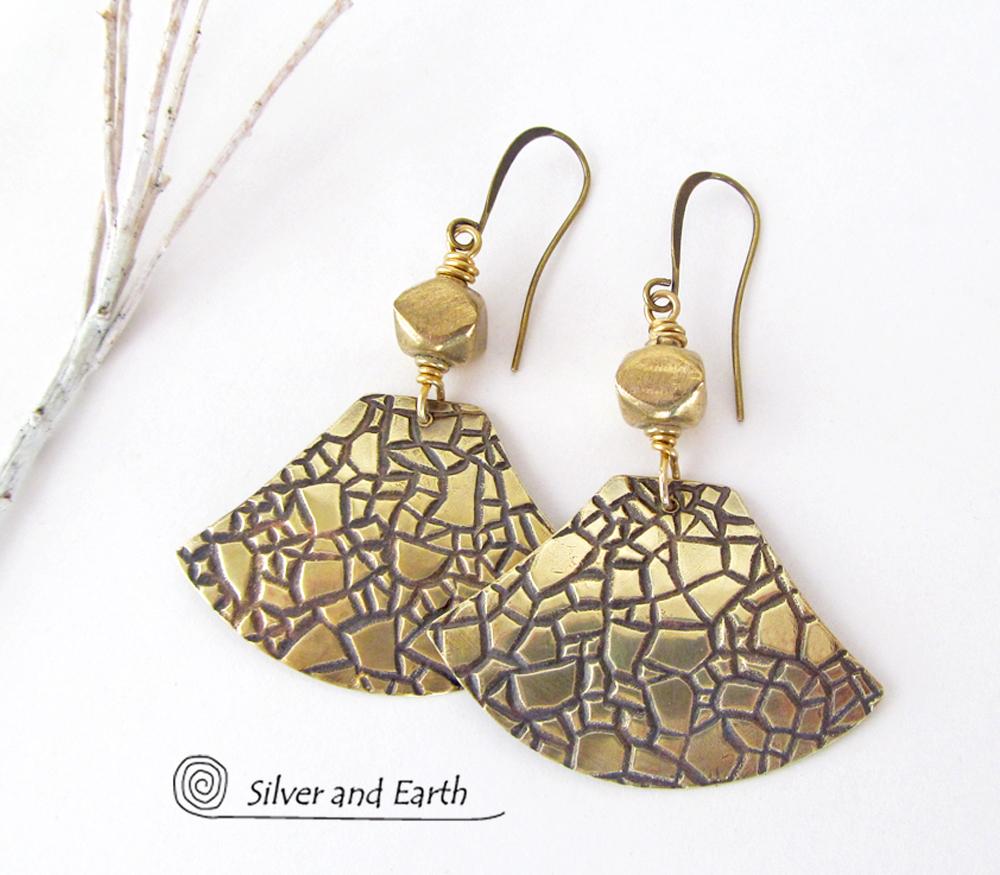 Textured Gold Brass Dangle Earrings Artisan Handmade Metal