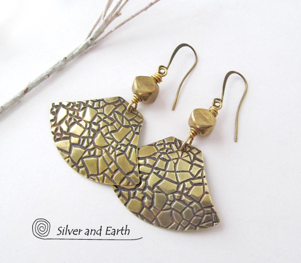 Textured Gold Brass Dangle Earrings - Artisan Handmade Metal Jewelry