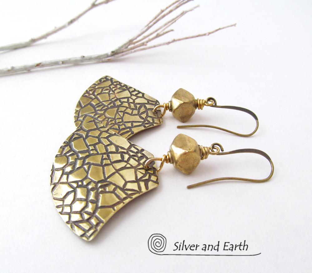 Textured Gold Brass Dangle Earrings - Artisan Handmade Metal Jewelry