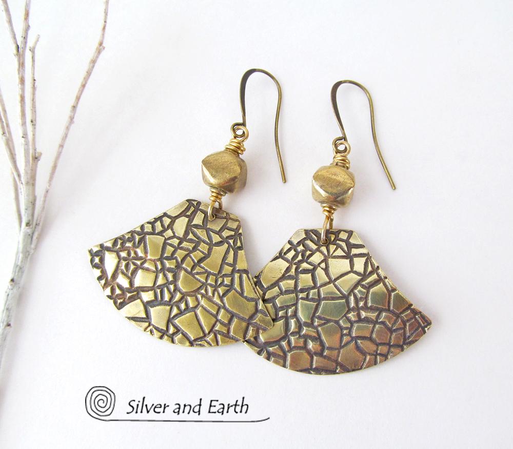 Textured Gold Brass Dangle Earrings - Artisan Handmade Metal Jewelry