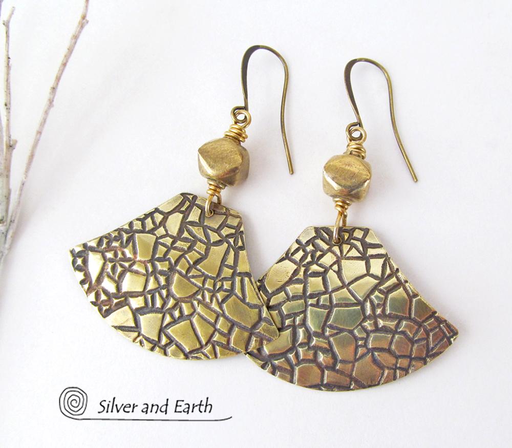 Textured Gold Brass Dangle Earrings Artisan Handmade Metal