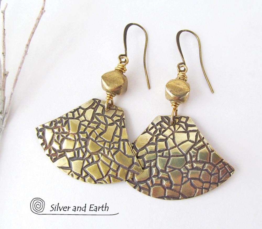 Textured Gold Brass Dangle Earrings - Artisan Handmade Metal Jewelry