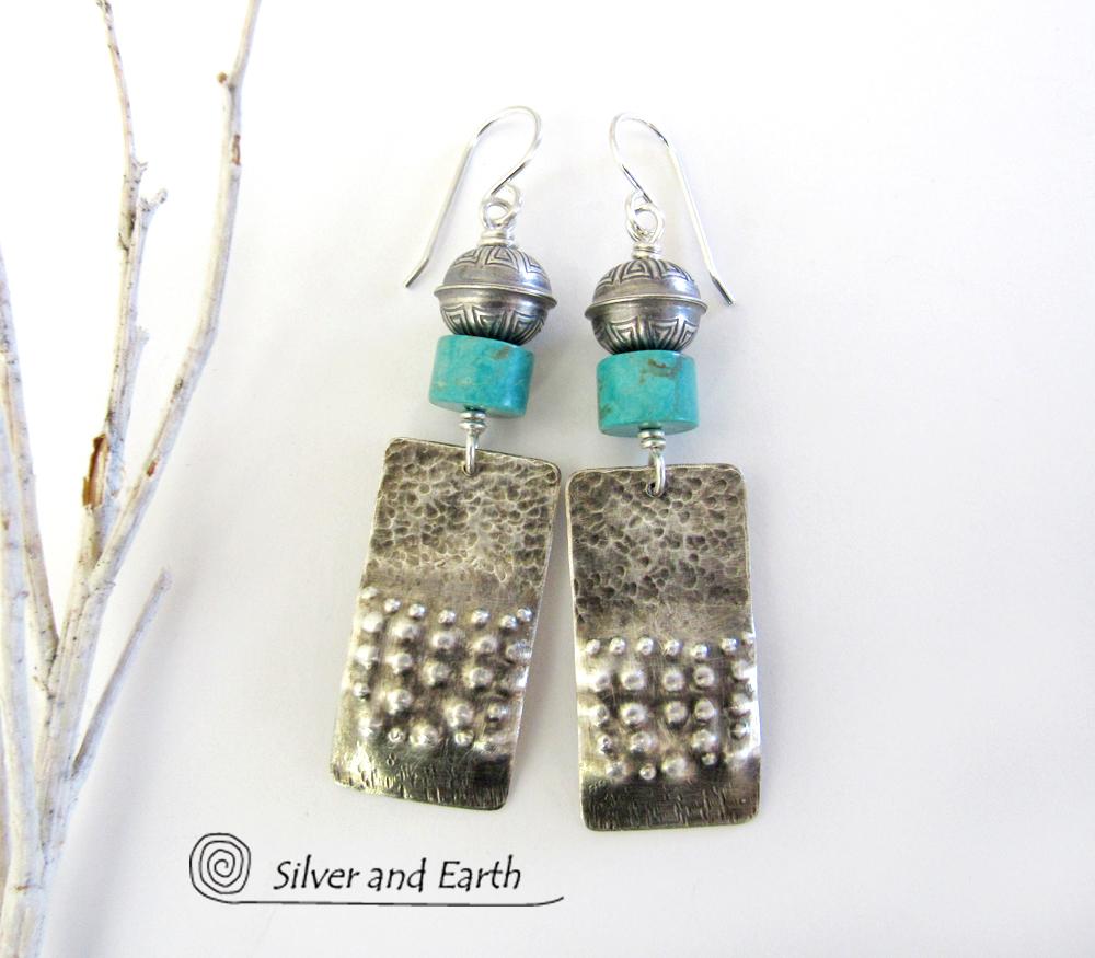 Sterling Silver Tribal Earrings with Turquoise - Modern Southwest Jewelry
