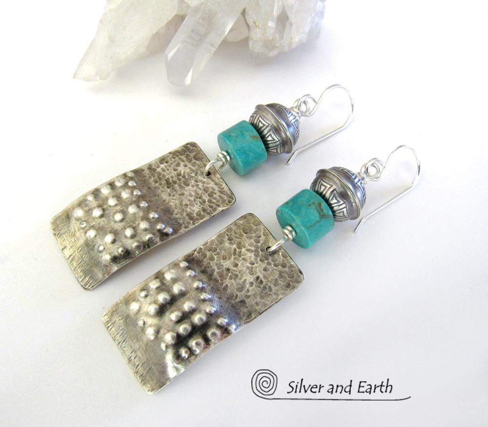 Sterling Silver Tribal Earrings with Turquoise - Modern Southwest Jewelry