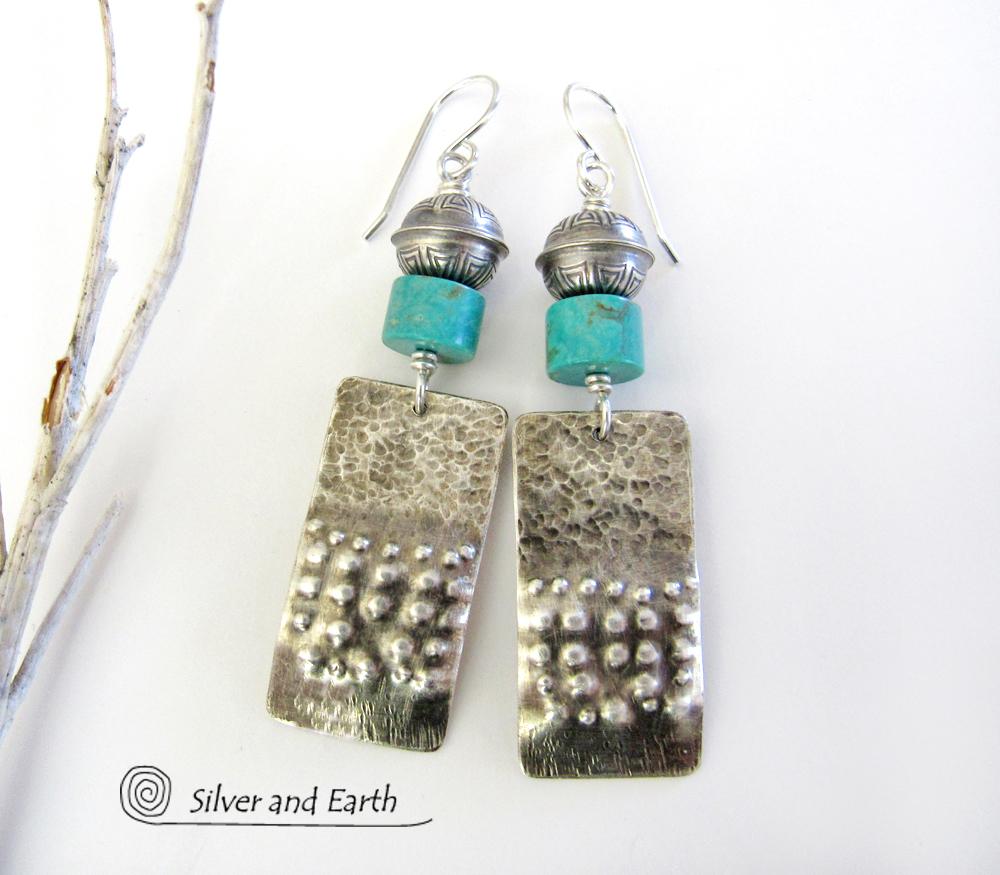 Sterling Silver Tribal Earrings with Turquoise - Modern Southwest Jewelry