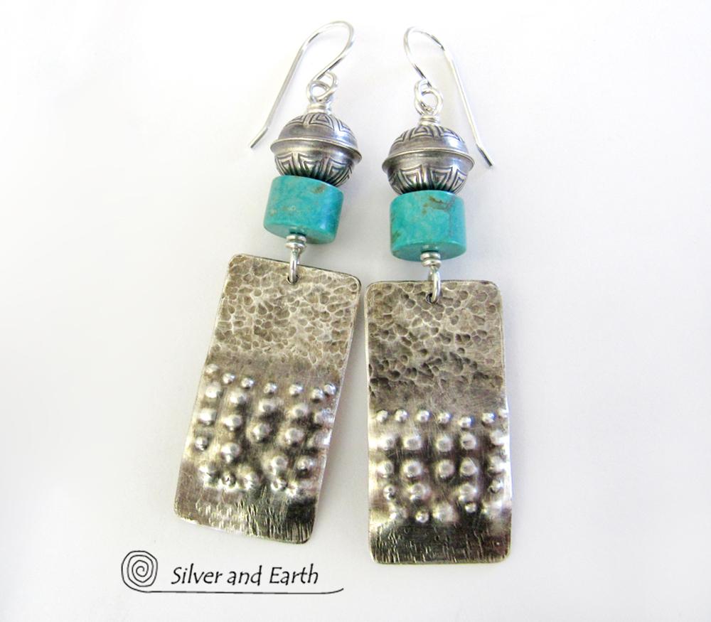Sterling Silver Tribal Earrings with Turquoise - Modern Southwest Jewelry