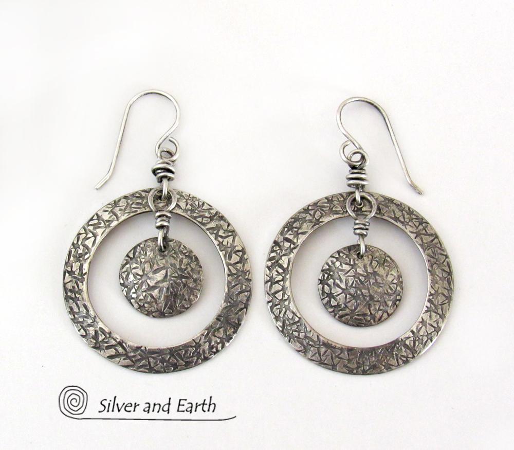 Textured Sterling Silver Hoop Dangle Earrings - Contemporary Modern Jewelry