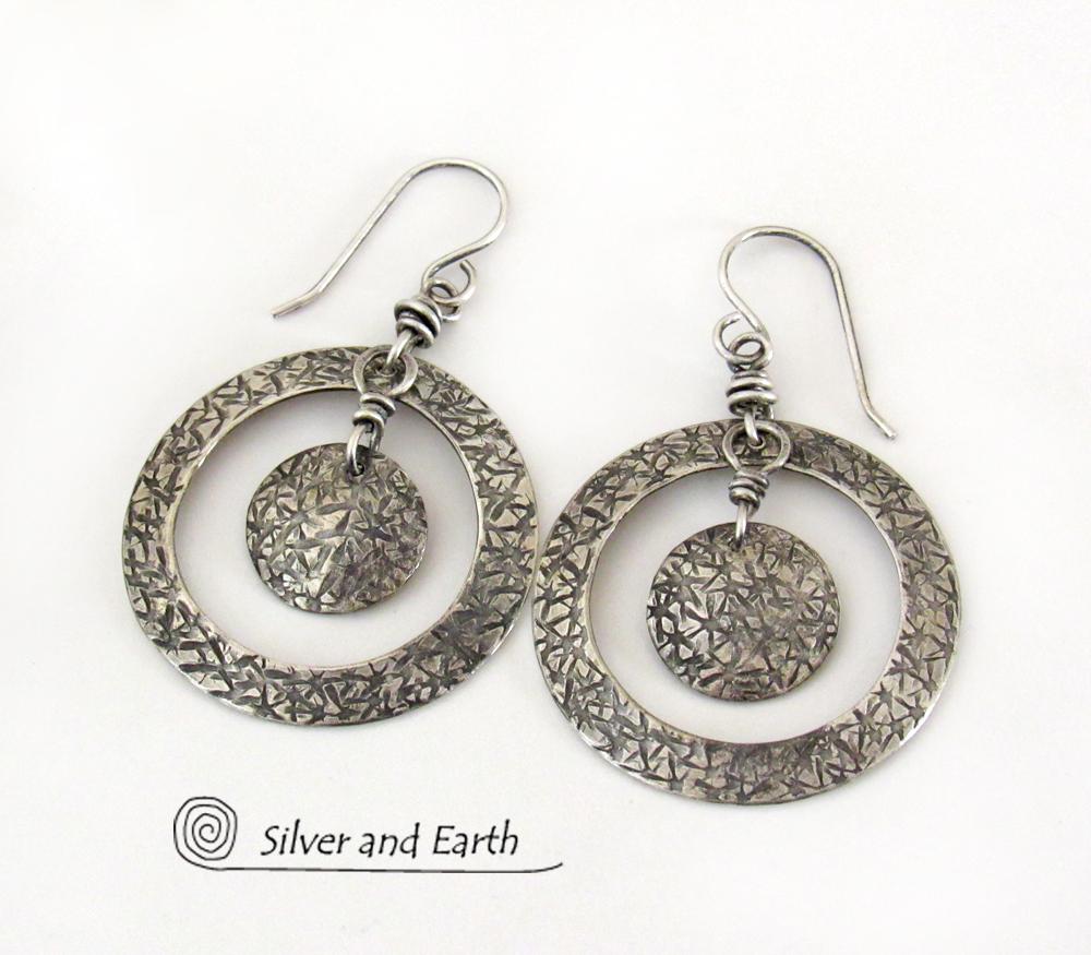 Textured Sterling Silver Hoop Dangle Earrings - Contemporary Modern Jewelry