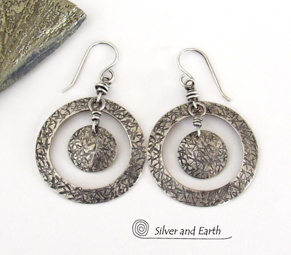 Textured Sterling Silver Hoop Dangle Earrings - Contemporary Modern Jewelry