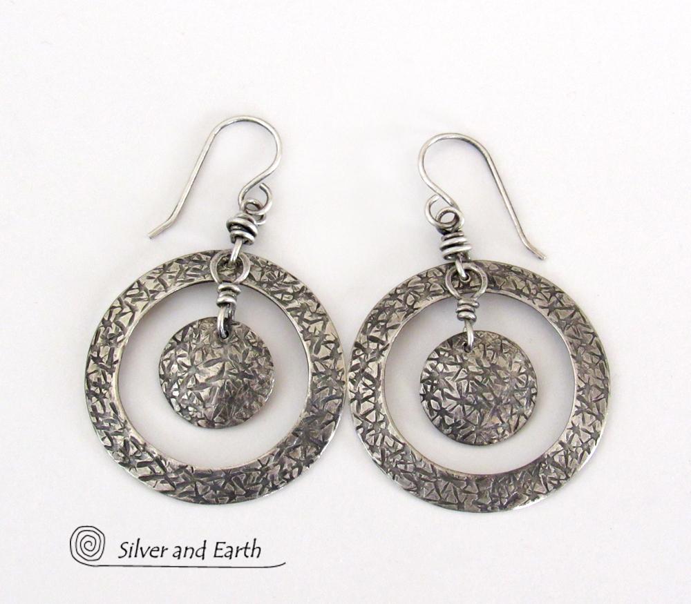 Textured Sterling Silver Hoop Dangle Earrings - Contemporary Modern Jewelry