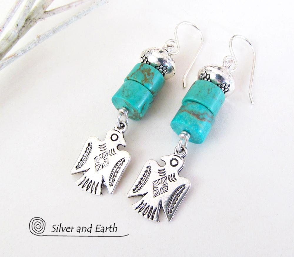 Silver Thunderbird Earrings with Natural Turquoise Stones - Southwestern Jewelry