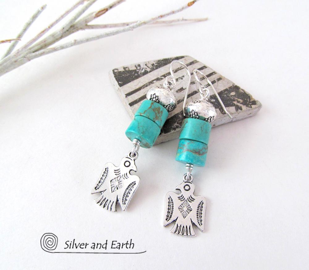 Silver Thunderbird Earrings with Natural Turquoise Stones - Southwestern Jewelry