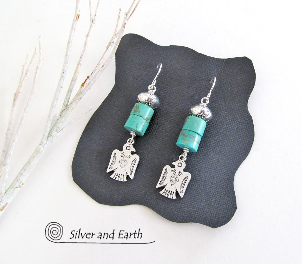 Silver Thunderbird Earrings with Natural Turquoise Stones - Southwestern Jewelry