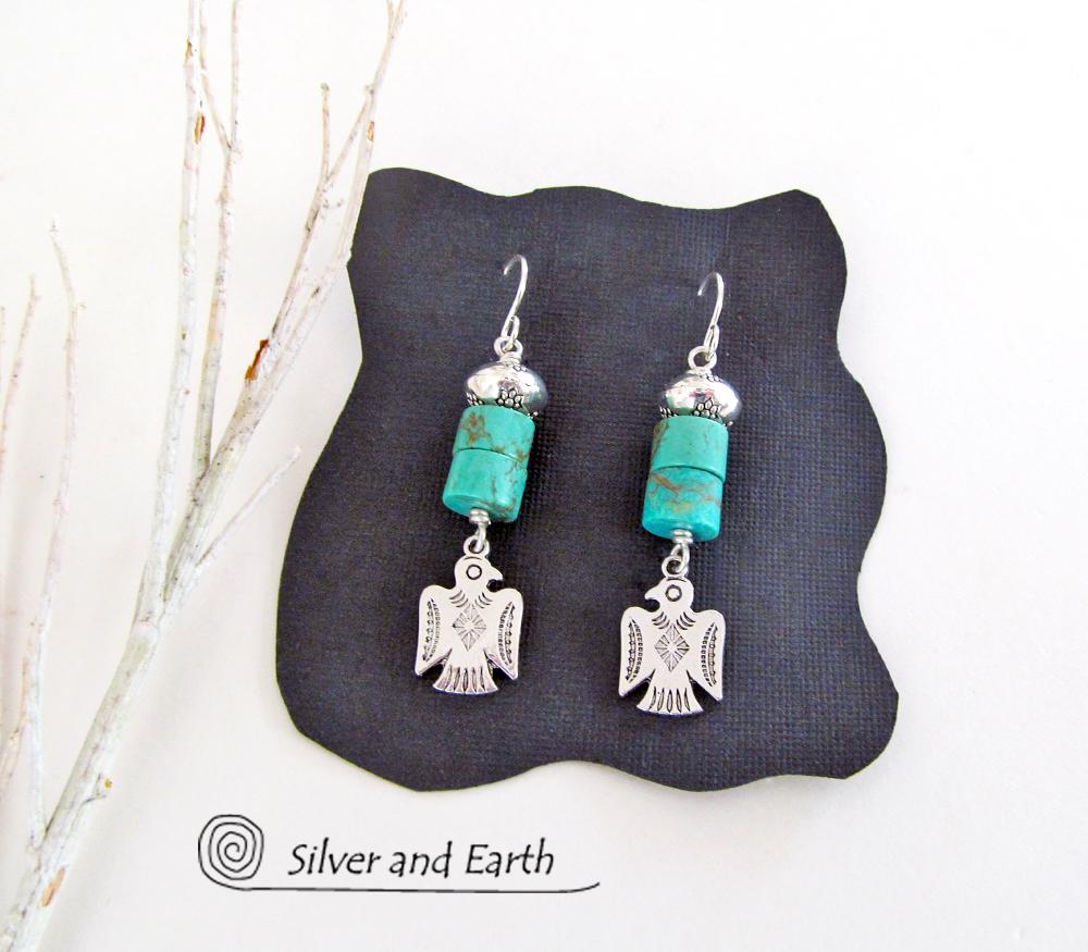 Silver Thunderbird Earrings with Natural Turquoise Stones - Southwestern Jewelry