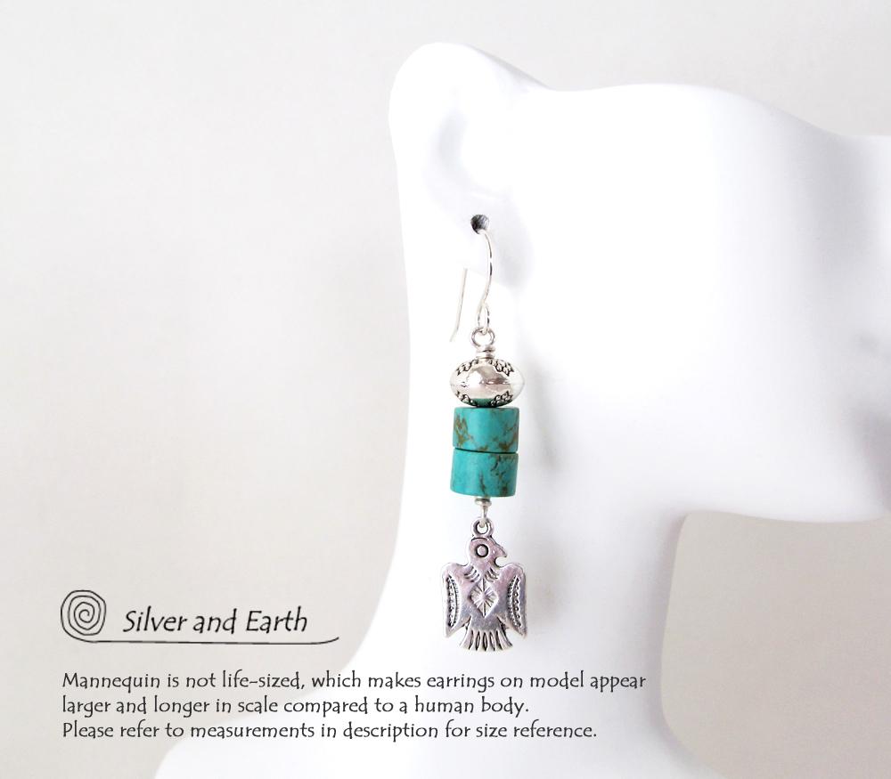 Silver Thunderbird Earrings with Natural Turquoise Stones - Southwestern Jewelry