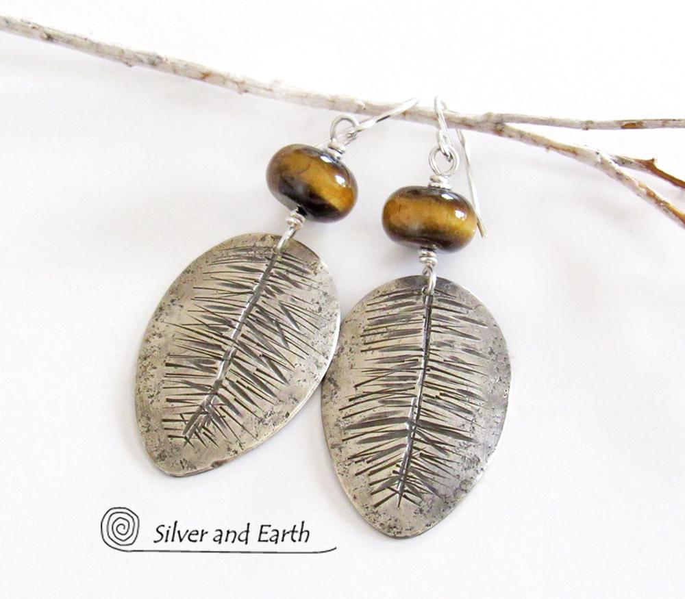 Sterling Silver Earrings with Palm Leaf Texture & Brown Tiger's Eye Stones